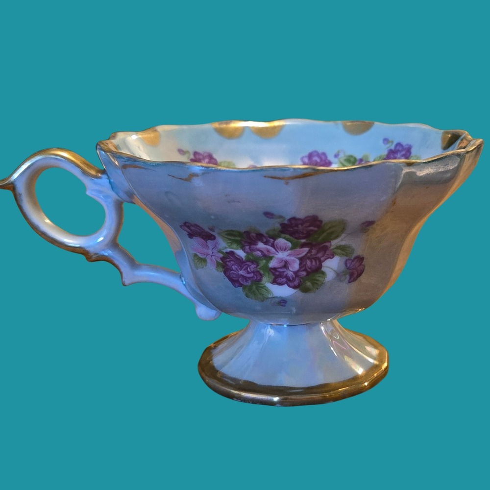 Vintage Lusterware Teacup Made in Japan Purple Violets Gold Gilt Scalloped Rim
